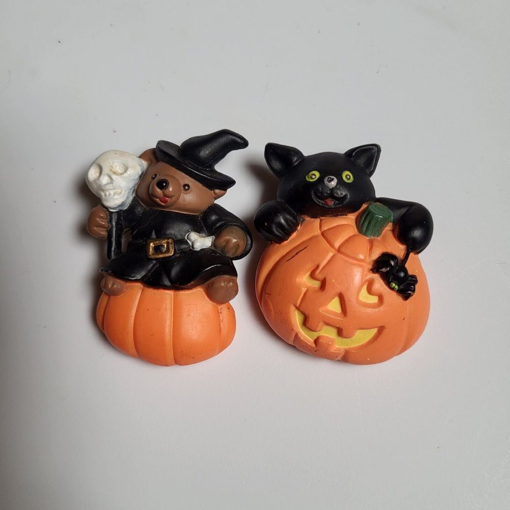 Vintage Easter Unlimited Halloween Pins Brooch Lot Of 2 Black Cat‎ Pumpkin Bear